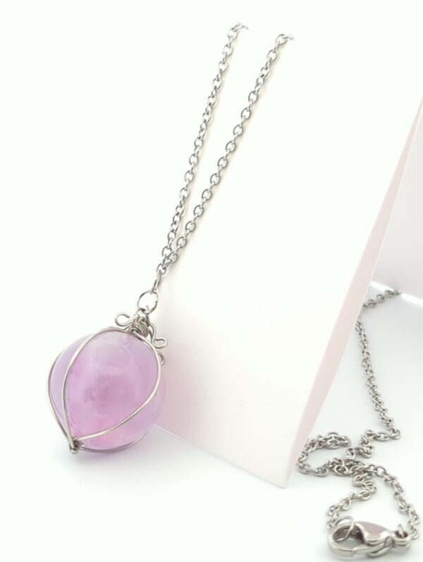 Pendentif boule d'Améthyste violette et acier Inoxydable - Apaisement & harmonie