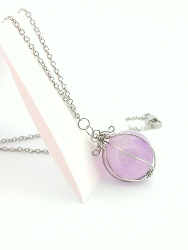 Pendentif boule d'Améthyste violette et acier Inoxydable - Apaisement & harmonie