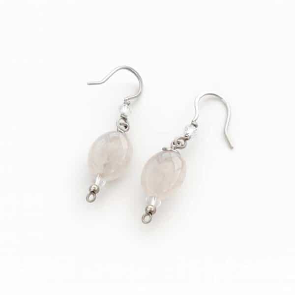 Boucles d’oreilles quartz rose & verre – Charme lumineux en acier inoxydable