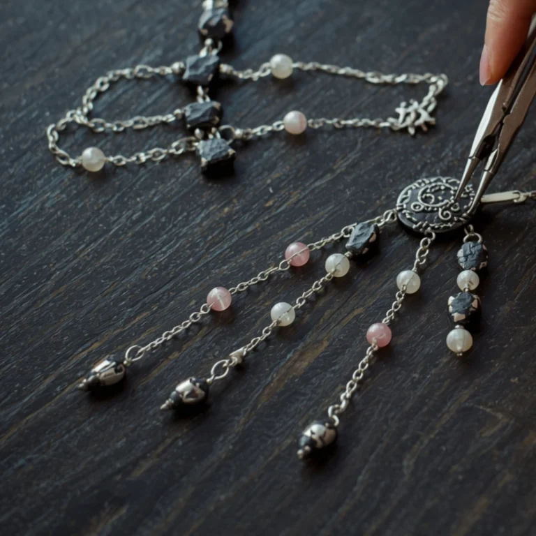 Boucles d'oreilles pendantes en perles et fil de métal créées en atelier bijoux à Férolles-Attilly (77)
