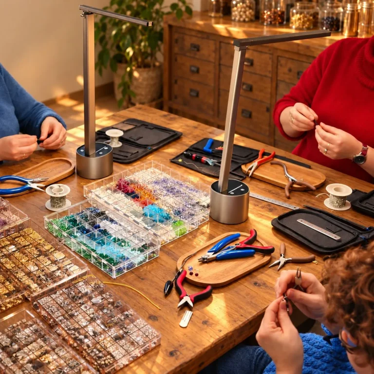 Groupe en plein atelier bijoux : pinces, fils et boîtes de perles sur la table