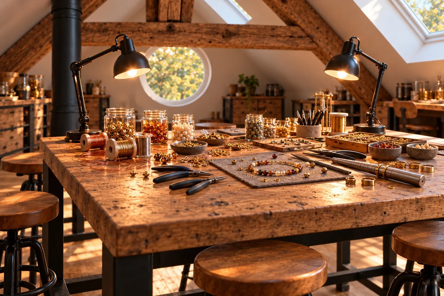 Table d'atelier bijoux en chêne, lampes d'architecte et fenêtre ronde