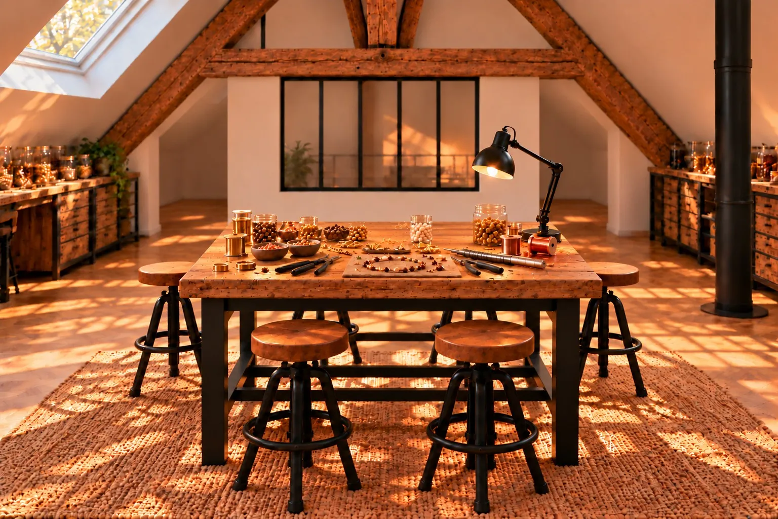 Grande table d'atelier, tabourets hauts et verrière