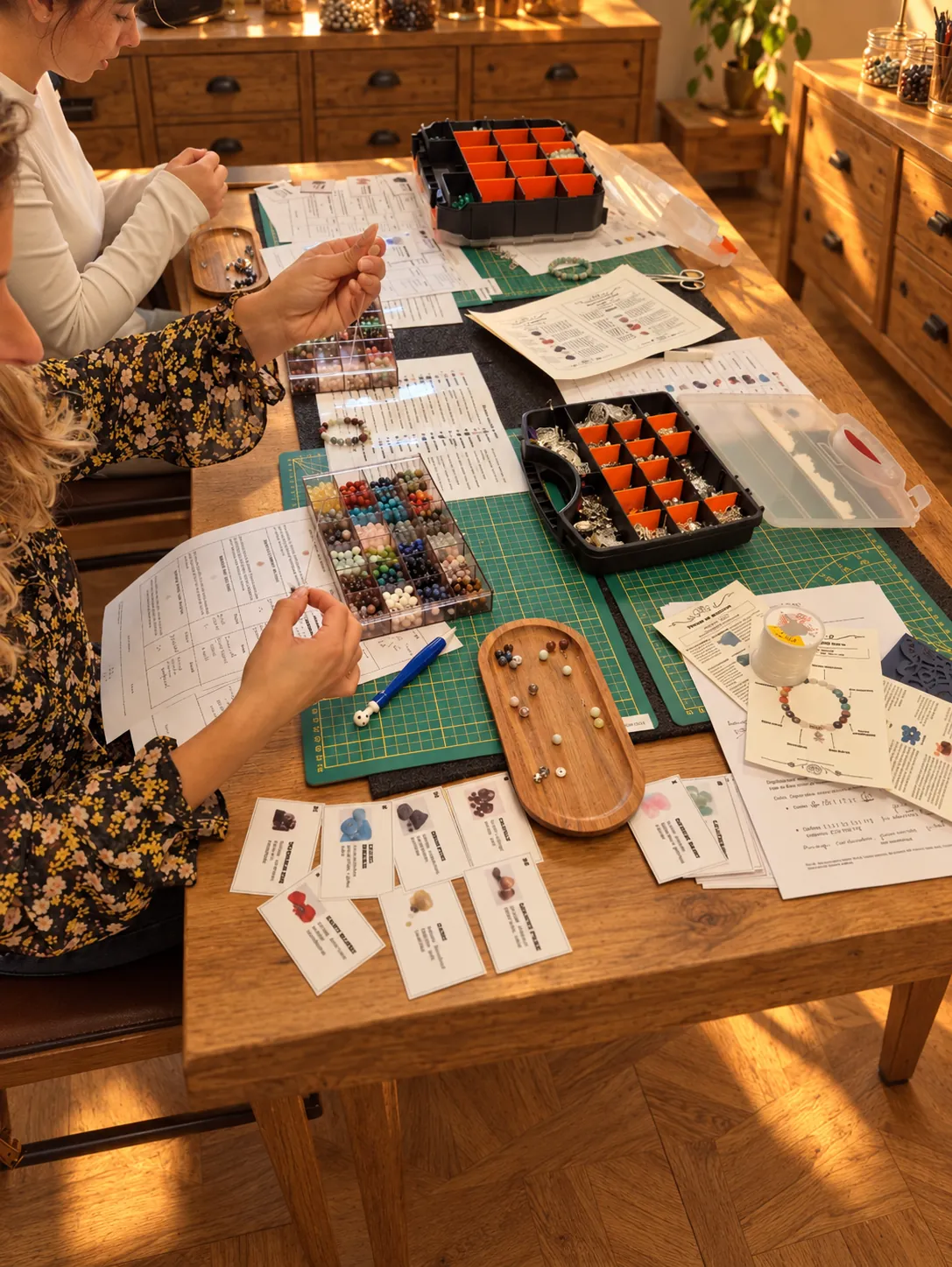 Atelier bracelet chemin de vie : fiches thème de pierres, pierres naturelles et calcul à la table