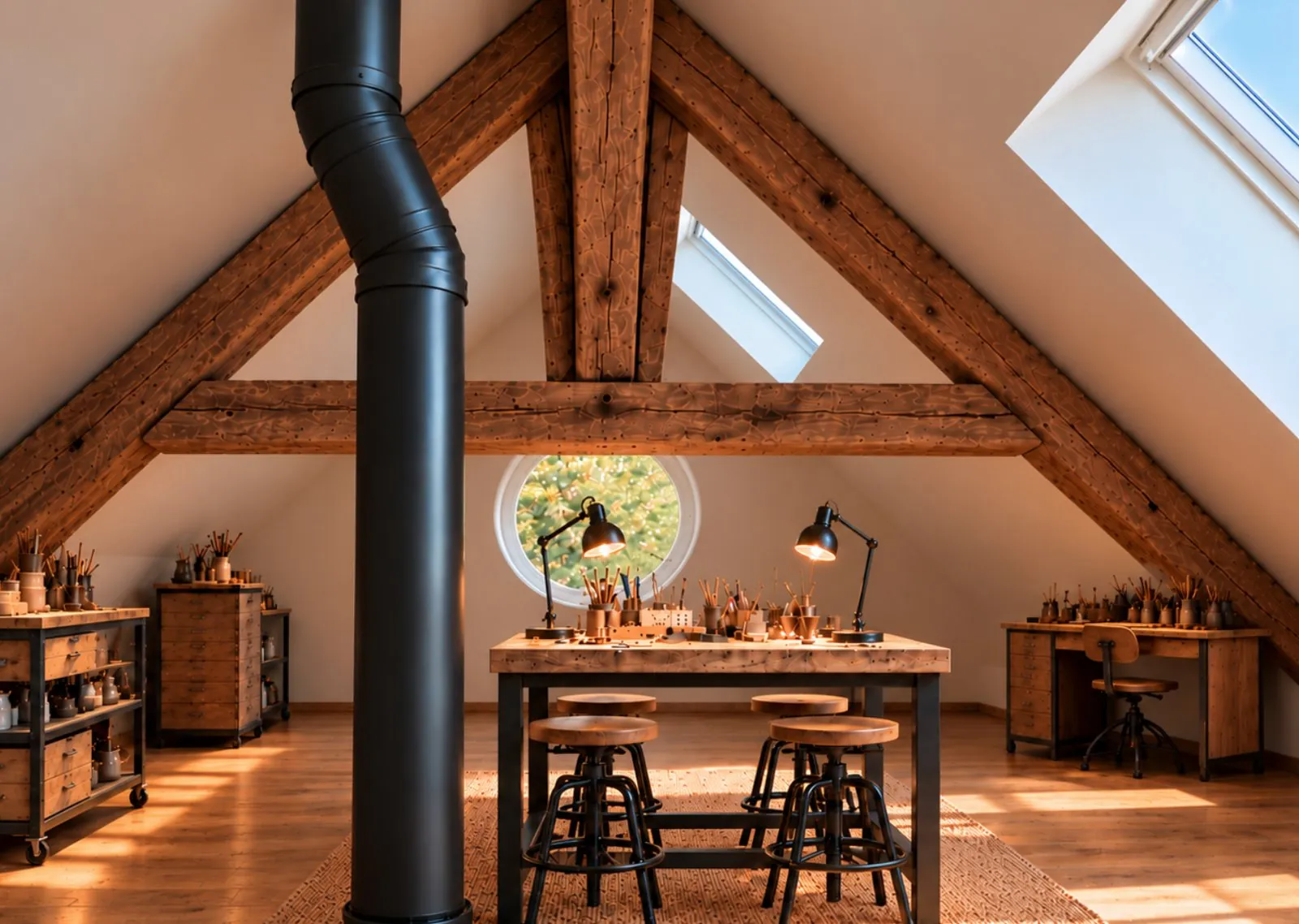 Atelier avec poêle noir, poutres et fenêtre ronde