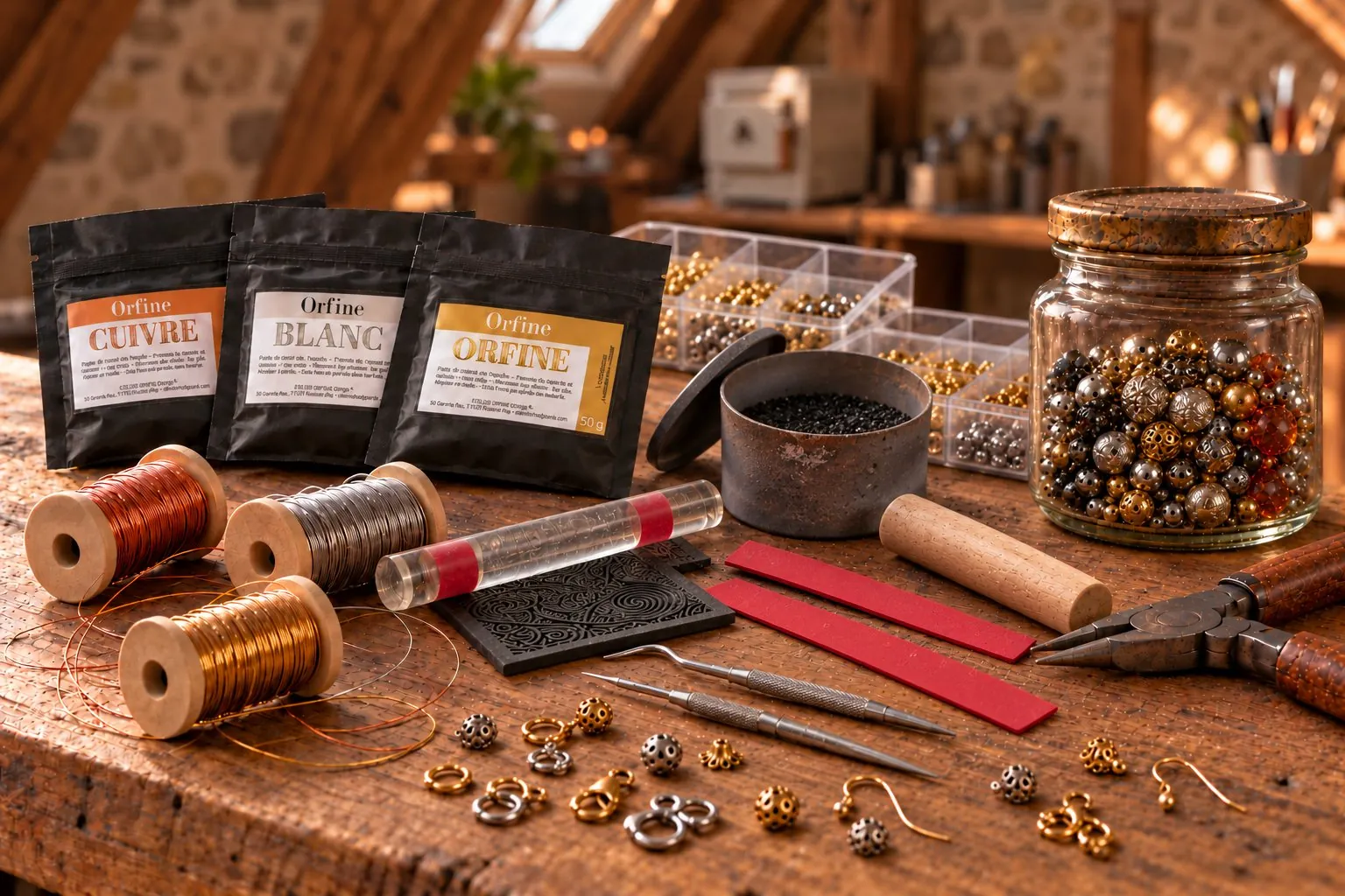 Pâte de métal Orfine, bobines de fil, apprêts et outils de bijouterie